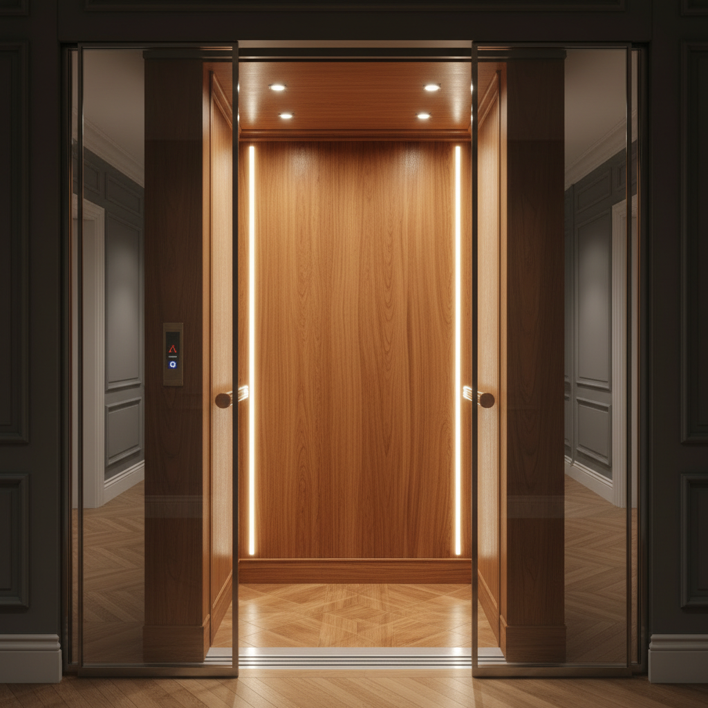 Luxury home elevator installed by Al Rasco Elevator in a Saudi villa — warm wood paneling and soft LED lighting