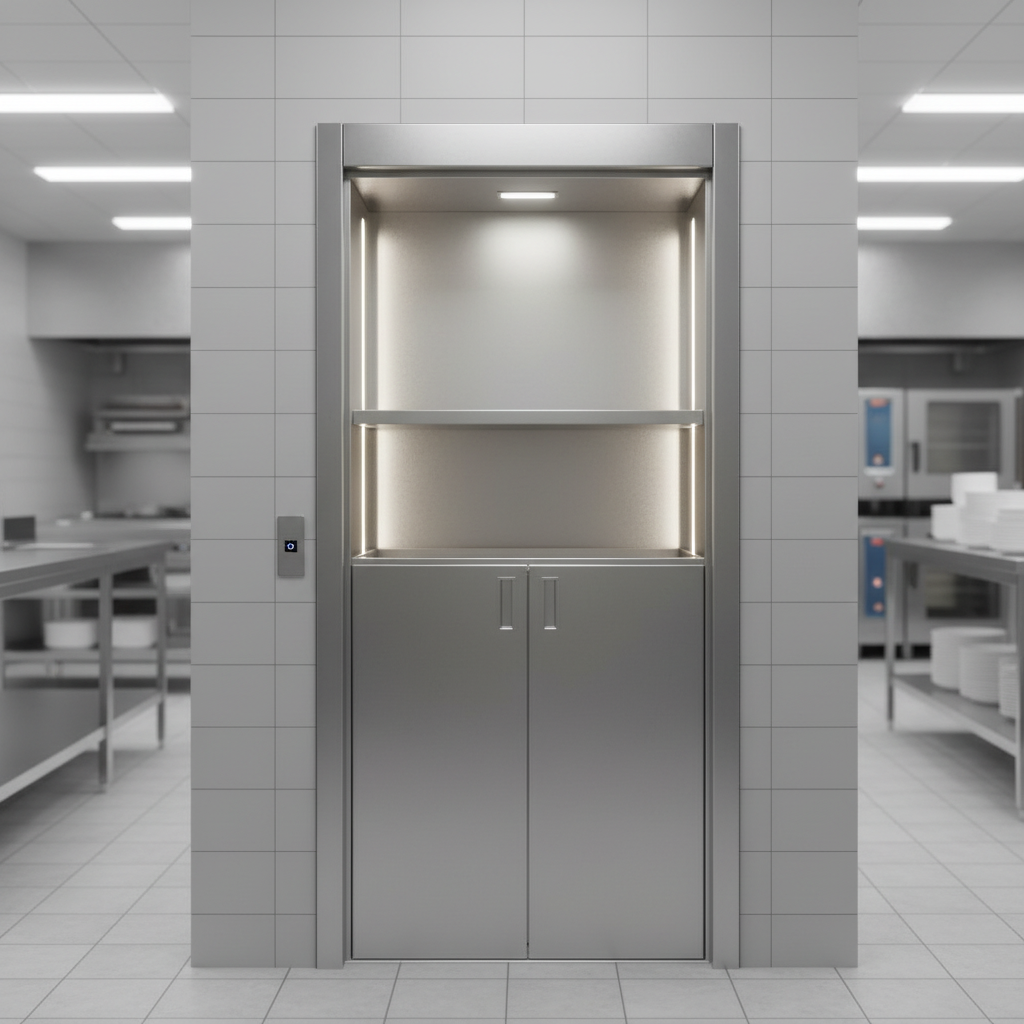 Modern stainless steel dumbwaiter service lift installed by Al Rasco Elevator in a hotel or restaurant kitchen
